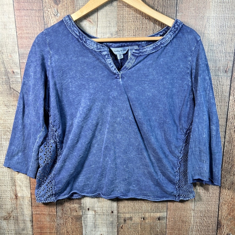 Lucky & Coco Blue Mineral Wash Crochet Lace Patchwork Back Boho Top Medium M